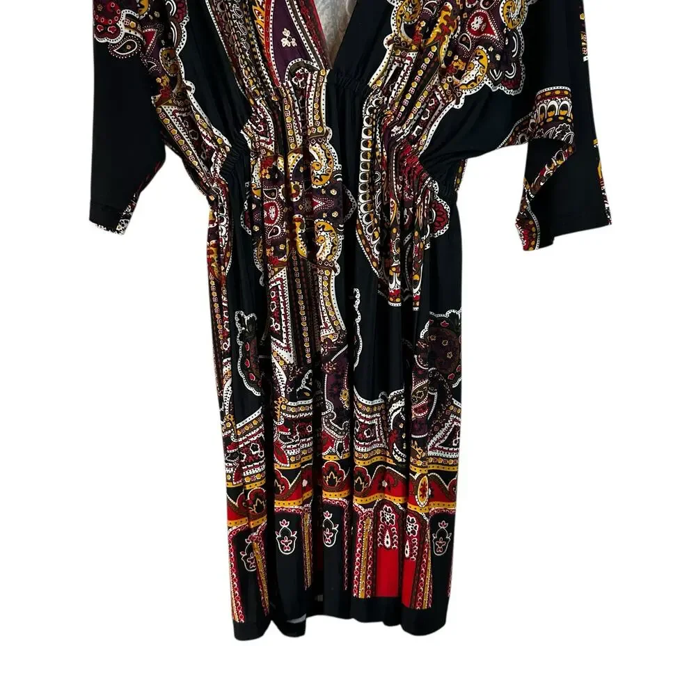 Cristina Love V-Neck Kimono-Sleeve Kaftan Tunic-Style Dress Black Multi L Boho - Picture 4 of 10